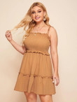 Women Plus Size Frill Trim Shirred Bodice Knotted Shoulder Cami Dress