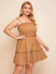Women Plus Size Frill Trim Shirred Bodice Knotted Shoulder Cami Dress