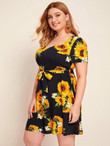 Women Plus Size Sweetheart Neck Belted Sunflower A-line Dress