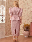 Women Plus Size Puff Sleeve Ruffle Waist Split Hem Ditsy Floral Jacquard Dress
