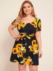 Women Plus Size Sweetheart Neck Belted Sunflower A-line Dress