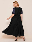 Women Plus Size V-neck Contrast Sequin Sleeve A-line Dress