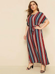Women Plus Size Colorblock Striped Self Belted Dress