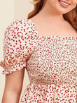 Women Plus Size Puff Sleeve Frill Trim Shirred Detail Confetti Heart Print Dress