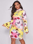 Women Plus Size Mock Neck Tie Dye & Butterfly Print Dress