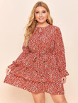 Women Plus Size Ditsy Floral Frill Trim Belted Dress