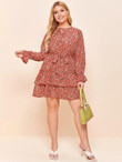 Women Plus Size Ditsy Floral Frill Trim Belted Dress