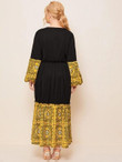 Women Plus Size Scarf Print Contrast Ruffle Hem Maxi Dress