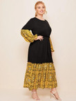 Women Plus Size Scarf Print Contrast Ruffle Hem Maxi Dress