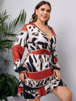 Women Plus Tiger Striped Color Block Tie Side Bishop Sleeve Ruffle Hem Dress