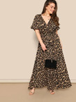 Women Plus Size Flounce Sleeve Tie Waist Surplice Wrap Leopard Dress