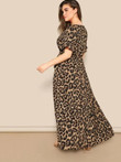 Women Plus Size Flounce Sleeve Tie Waist Surplice Wrap Leopard Dress