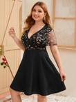 Women Plus Size Floral Embroidered Mesh Overlay Bodice Dress