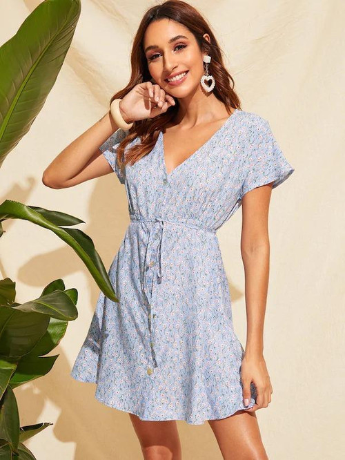 Ditsy Floral Print Button Front Belted Dress