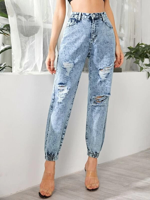 Women Acid Wash Ripped Denim Jeans