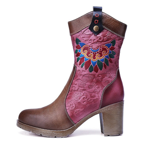 Women Vintage Genuine Leather Block Heels Zipper Boots