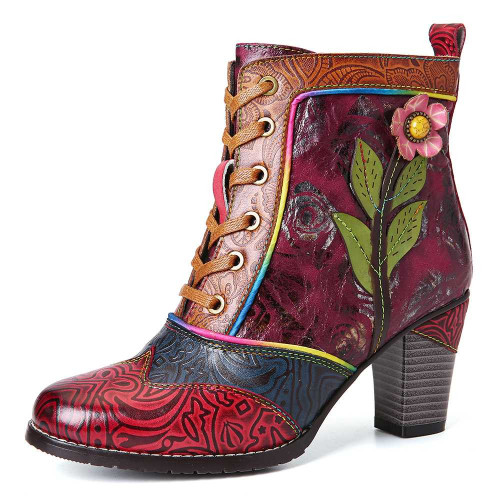 Women Retro Embossed Genuine Leather Splicing Flower Ankle Boots
