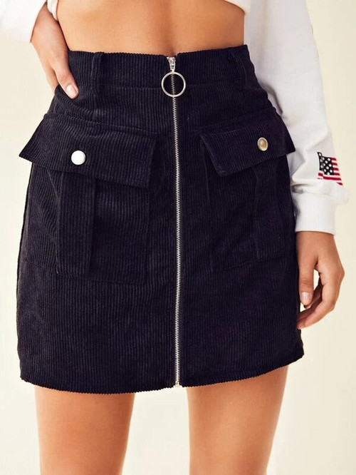 Women O-ring Zipper Up Flap Pocket Cord Skirt