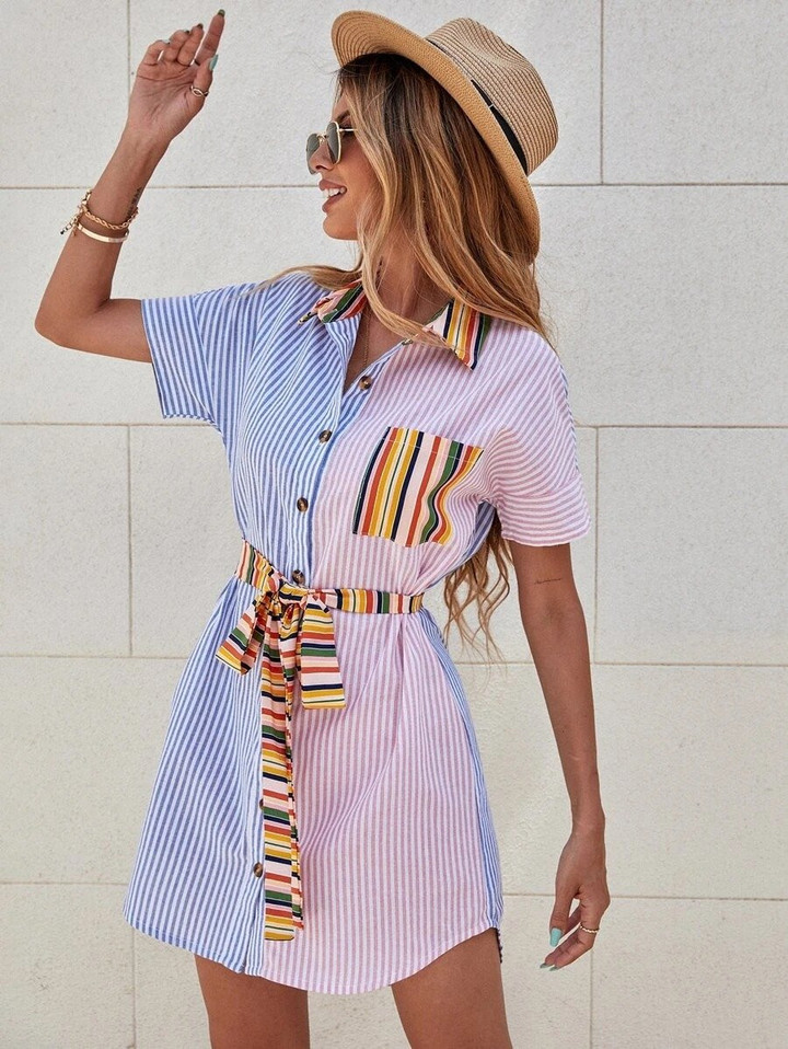 Women Colorblock Striped Print Belted Shirt Dress