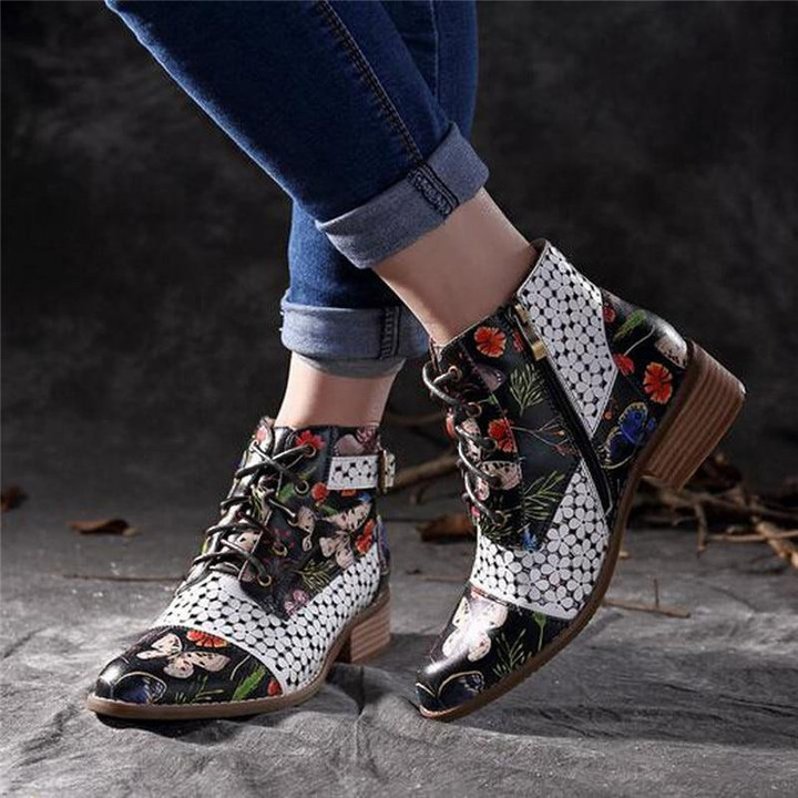 Women Winter Boots Ethnic Style Point Toe Leather Flower Printed High Heel Rubber Platform Punk Ankle Boots
