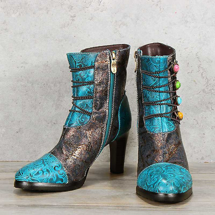 Women Bohemian Hand-Painted Leather High Heels Boots