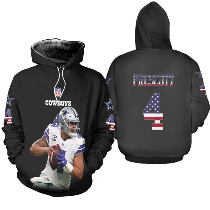 Dallas Cowboys Dak Prescott 4 NFL Legendary Flag Edition Black 3D Allover Designed Gift For Cowboys Fans Hoodie