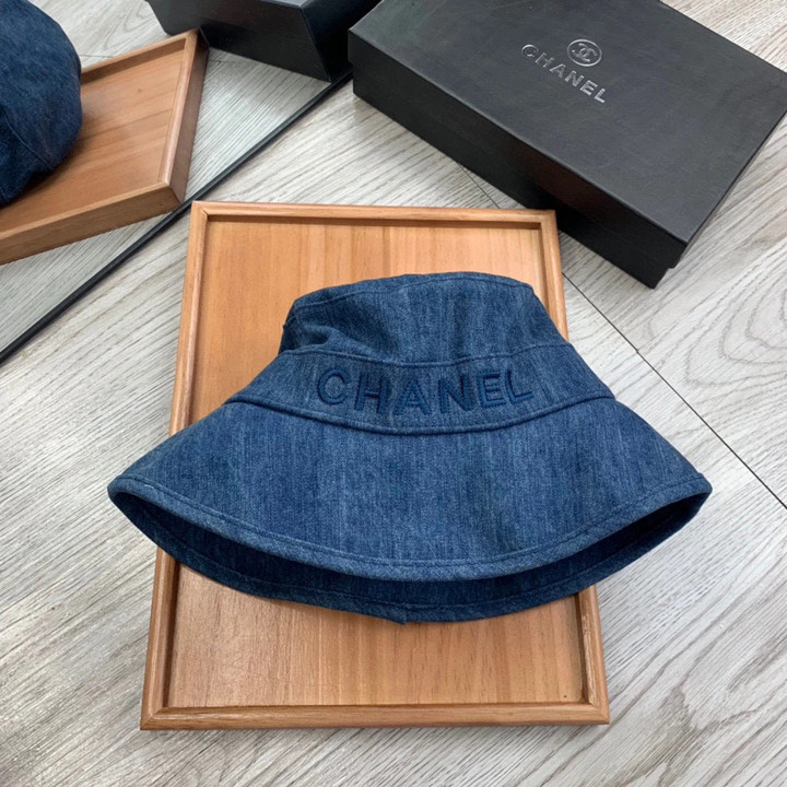 Chanel Blue Wide Brim Denim Bucket Hat With Chanel Embroidered