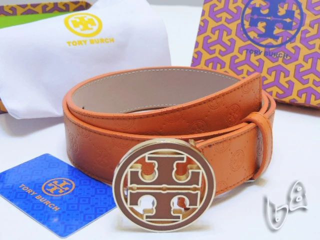 Tory Burch Orange Monogram Leather Belt With Logo Buckle