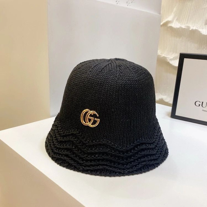 Gucci Double G Chevron Stitching Straw Bucket Hat In Black