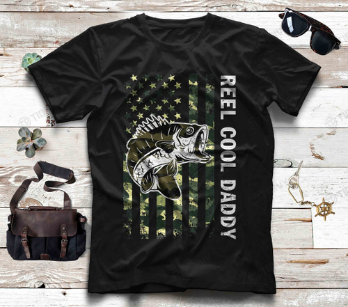 Reel Cool Daddy Camouflage American Flag Fishing Graphic Unisex T Shirt, Sweatshirt, Hoodie Size S - 5XL