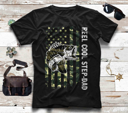 Reel Cool Step-Dad Camouflage American Flag Fishing Graphic Unisex T Shirt, Sweatshirt, Hoodie Size S - 5XL