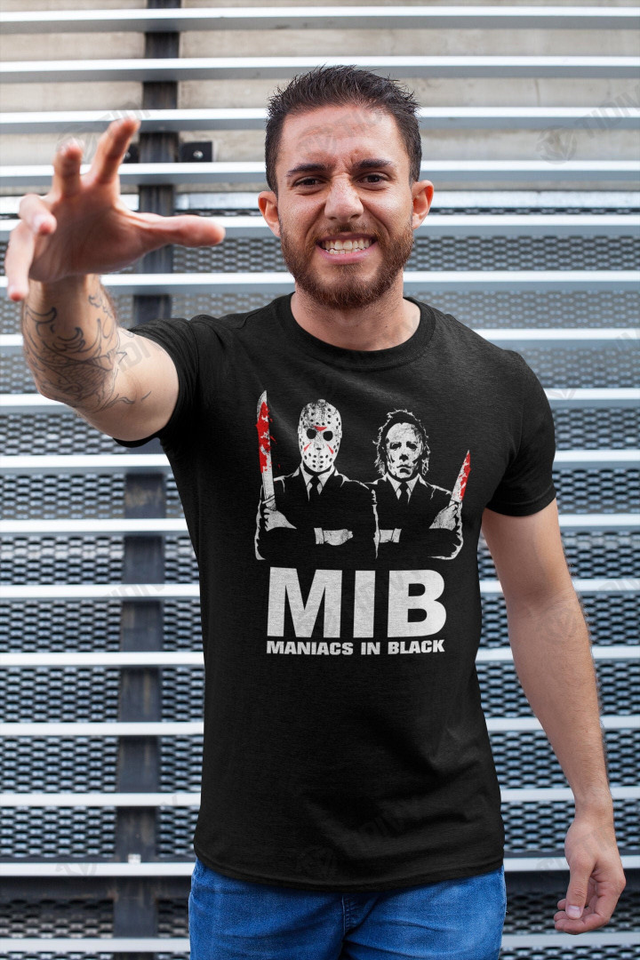 MIB MANIACS in BLACK Michael Myers Jason Voorhees Friday the 13th Halloween Horror Movie Happy Halloween Graphic Unisex T Shirt, Sweatshirt, Hoodie Size S - 5XL