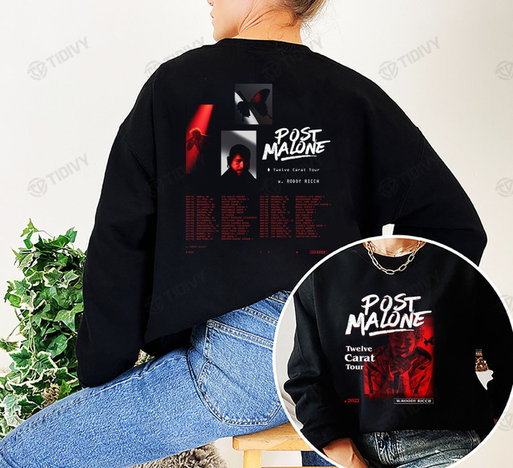 Post Malone Tour 2022 Post Malone Twelve Carat Tour 2022 W. Roddy Ricch Two Sided Graphic Unisex T Shirt, Sweatshirt, Hoodie Size S - 5XL