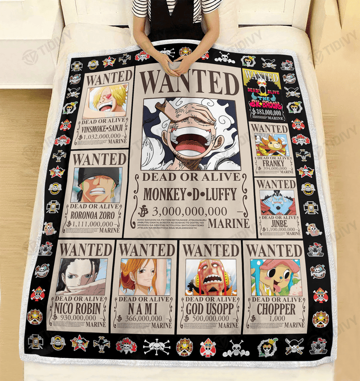 Wanted Dead Or Alive Monkey D Luffy Straw Hat Pirates Member One Piece Manga Anime Cozy Fleece Blanket Sherpa Blanket