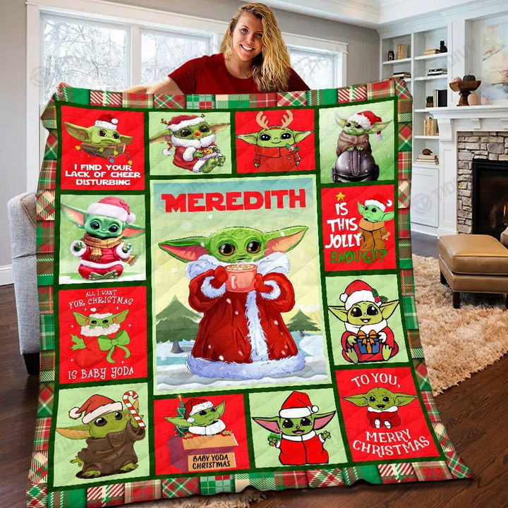 Custom Name Baby Yoda Star Wars Merry Christmas Xmas Gift Premium Quilt Blanket Size Throw, Twin, Queen, King, Super King