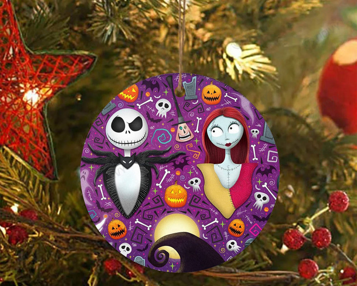 Jack and Sally The Nightmare Before Christmas Halloween Movie Merry Xmas Gift Xmas TRee Ceramic Circle Ornament