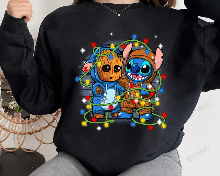 Cute Friends Stitch and Baby Groot Baby Groot I Am Groot Merry Christmas Groot Xmas Gift Xmas Tree Graphic Unisex T Shirt, Sweatshirt, Hoodie Size S - 5XL