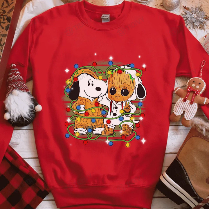 Baby Groot And Snoopy Friend Merry Christmas Groot Xmas Gift Xmas Tree Graphic Unisex T Shirt, Sweatshirt, Hoodie Size S - 5XL