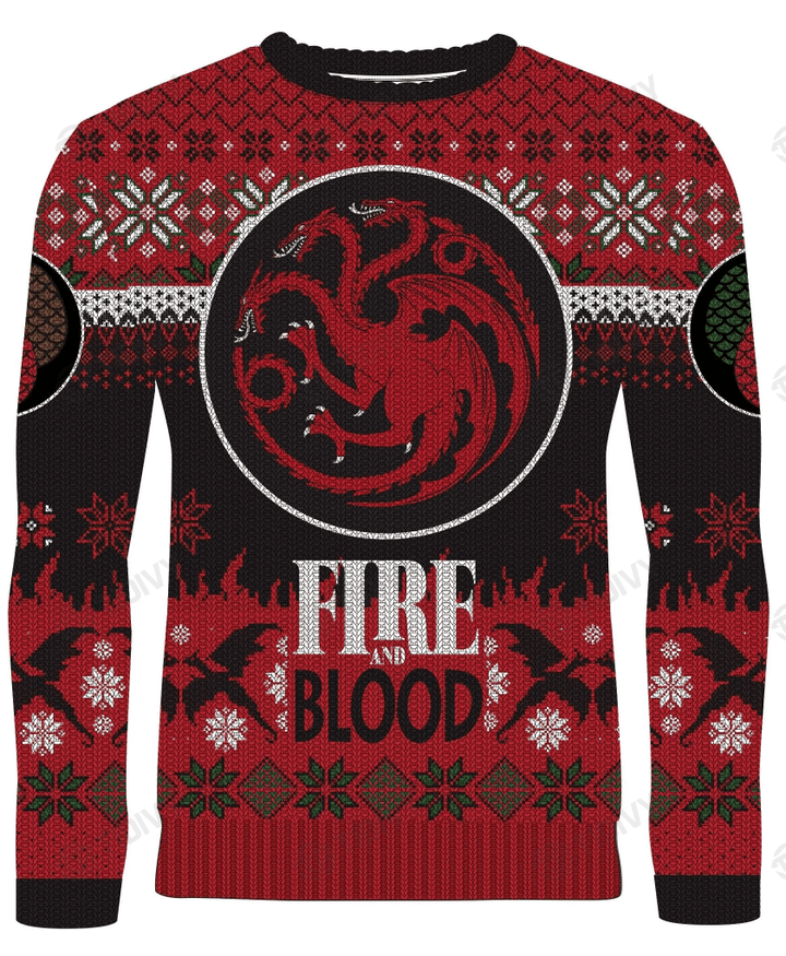 Fire & Blood Targaryen Game of Thrones GOT House Of The Dragon Merry Christmas Xmas Gift Xmas Tree Ugly Sweater