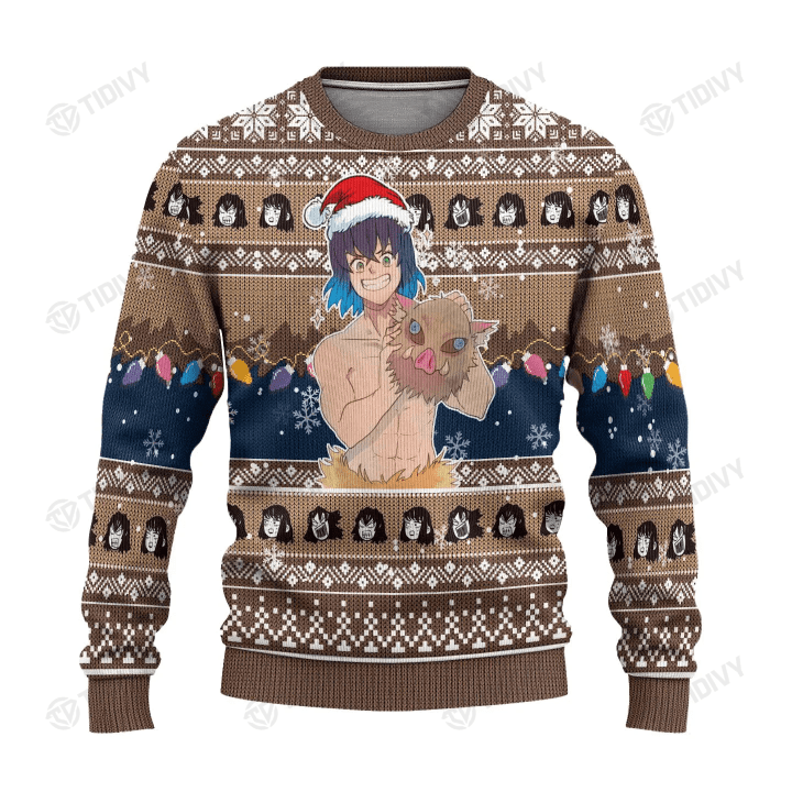 Inosuke Hashibira Kimetsu No Yaiba Demon Slayer Anime Manga Merry Christmas Xmas Gift Xmas Tree Ugly Sweater