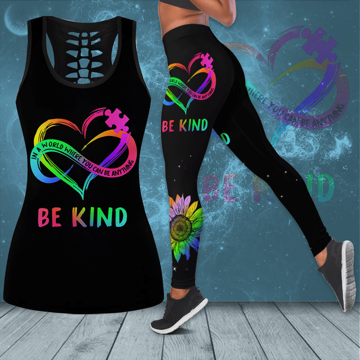 Autism Awareness "In A World Where You Can Be Anything Be Kind" Hollow Tank Top & Leggings Set