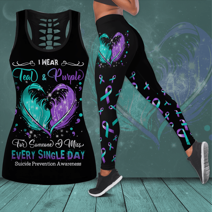 Suicide Prevention Awareness "I Wear Teal & Purple For Someone I Miss Every Single Day" Hollow Tank Top & Leggings Set