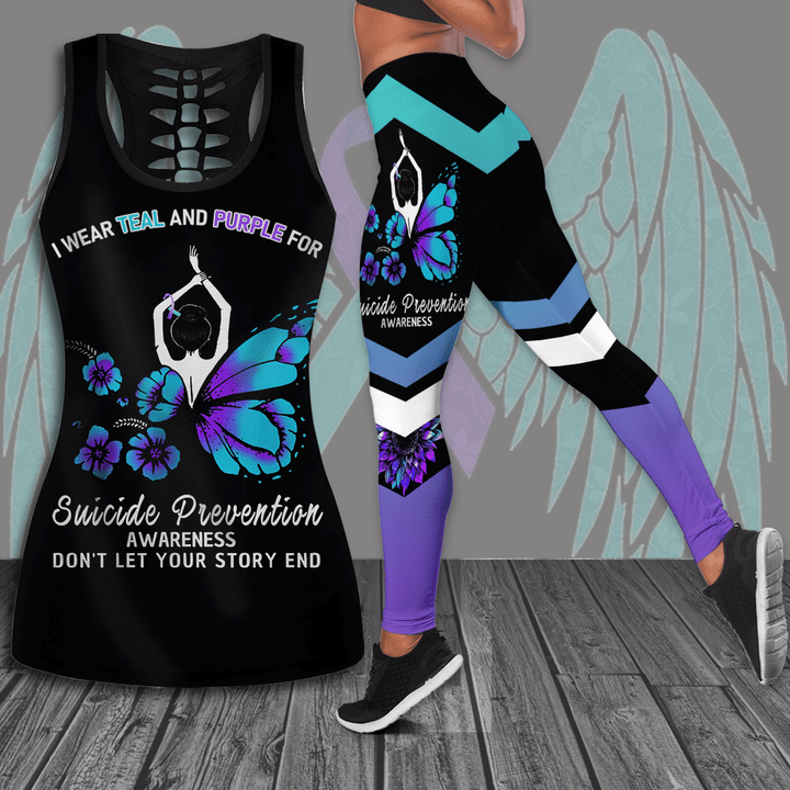 Suicide Prevention Awareness "I Wear Teal And Purple For Suicide Prevention Awareness Don't Let Your Story End" Hollow Tank Top & Leggings Set