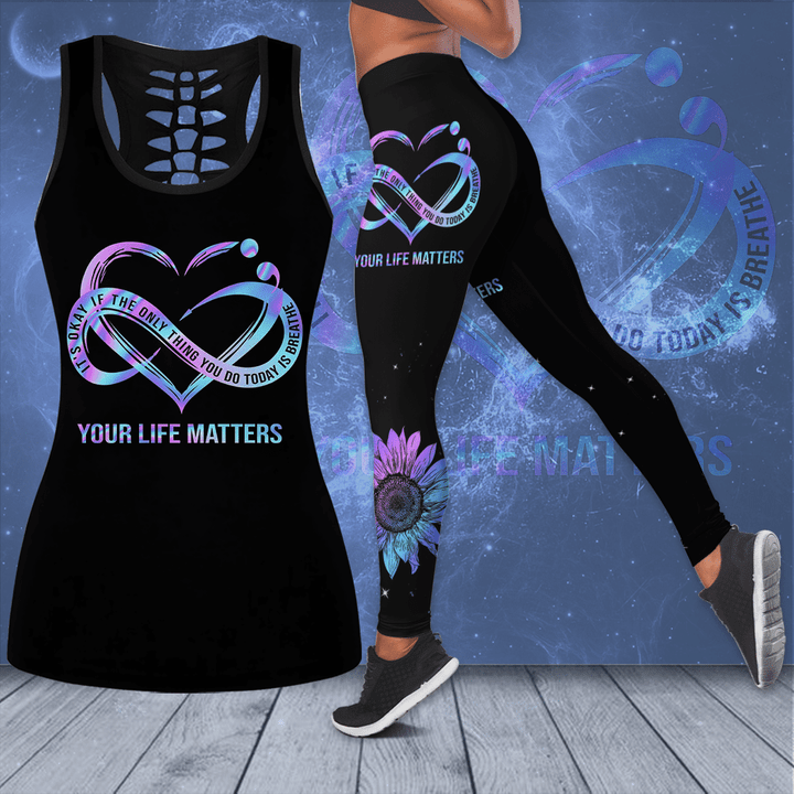 Suicide Prevention Awareness "It's Okay If The Only Thing You Do Today Is Breathe Your Life Matters" Hollow Tank Top & Leggings Set