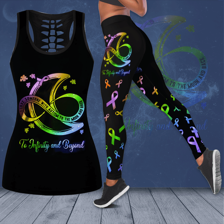 Autism Awareness "I Love Someone With Autism To The Moon And Back, To Infinity And Beyond" Hollow Tank Top & Leggings Set