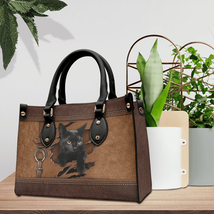 Black Cat Leather Handbag- HOATT046