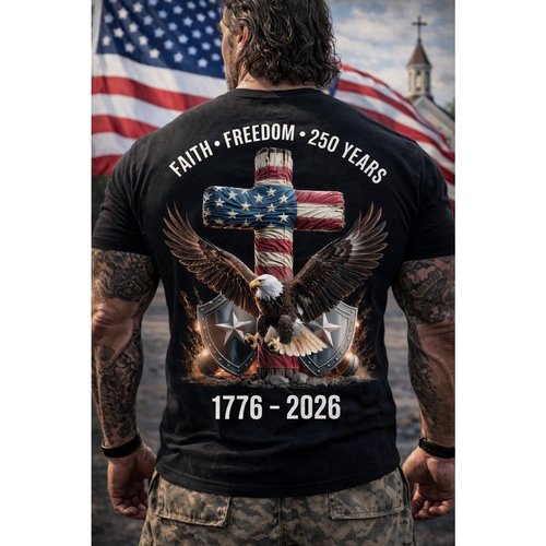 Majestic Bald Eagle With US Flag And Cross T-Shirt, Symbolizing Faith Hoodie, Freedom And 250 Years Of American Independence 1776–2026 Unisex T Shirt Sweatshirt Hoodie