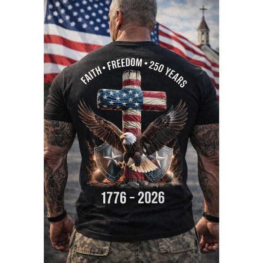 Majestic Bald Eagle With US Flag And Cross T-Shirt, Symbolizing Faith Hoodie, Freedom And 250 Years Of American Independence 1776–2026 Unisex T Shirt Sweatshirt Hoodie