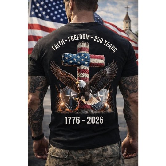 Majestic Bald Eagle With US Flag And Cross T-Shirt, Symbolizing Faith Hoodie, Freedom And 250 Years Of American Independence 1776–2026 Unisex T Shirt Sweatshirt Hoodie