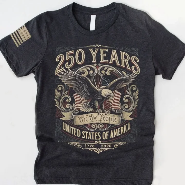 250th America Anniversary Flag Print Sleeve T-shirt, US 250 Years Shirt, We The People Tee, Vintage Independence Day, Patriotic Tee with USA Flag Two Sided Unisex T Shirt, Sweatshirt, Hoodie